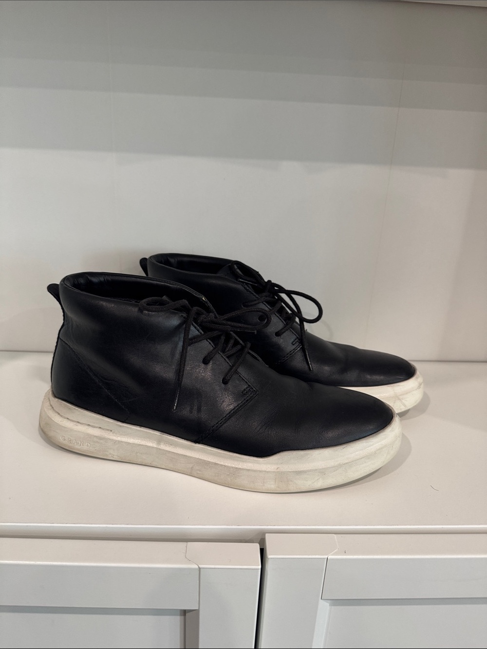 Men's Black Leather High-Top Sneakers with White Sole